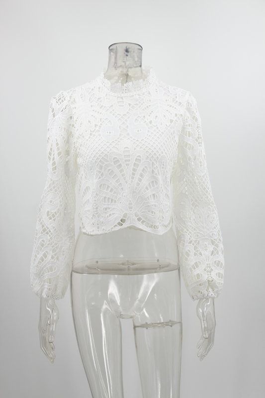 K New Sexy Hollow Out Long Sleeved Zipper Solid Color Lace Shirt For Women_ecoleips.com