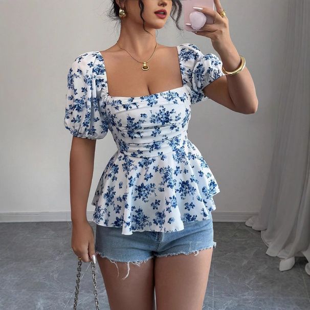 Women's Floral Print Shirt - Puff Sleeve Square Neck Casual Top (Breathable Cotton, Spring Summer Fashion, Versatile Blouse For Women)_ecoleips.com
