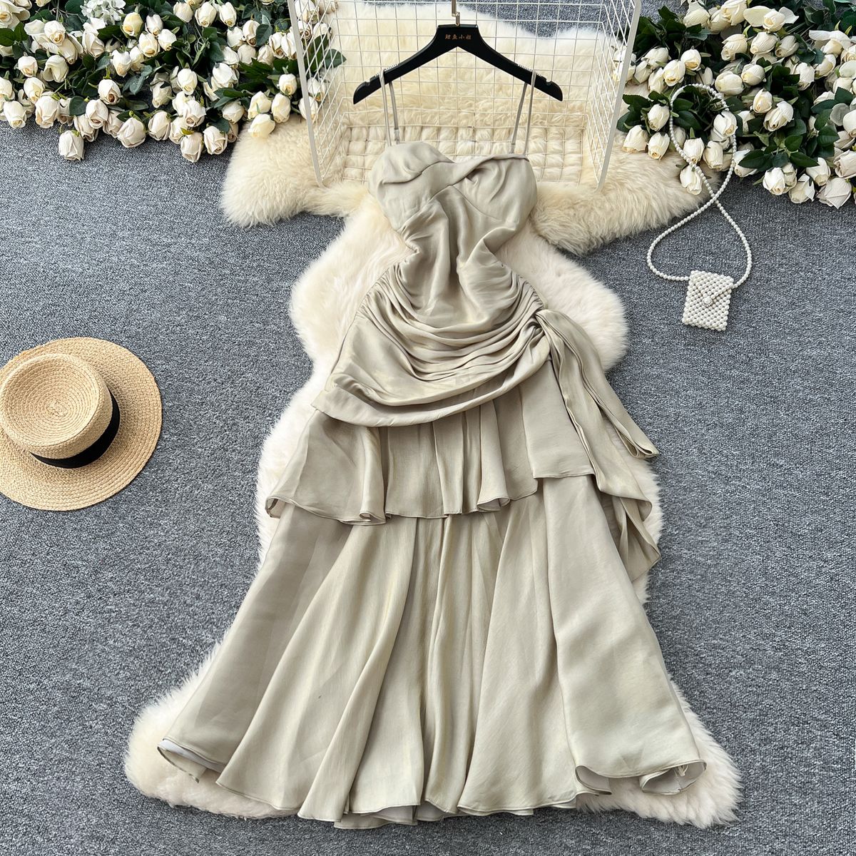 French Goddess Style Women's Dress Strapless Halter Square Neck Pleated Waist Ruffled Hem_ecoleips.com