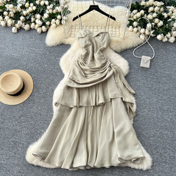 French Goddess Style Women's Dress Strapless Halter Square Neck Pleated Waist Ruffled Hem_ecoleips.com