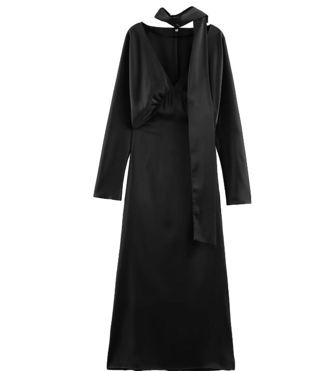 2026 New Scarf Solid Elegant Maxi Dresses Women Spring V Neck Long Sleeve Club Party Long Dress Female Chic Slim Fit Dresses_ecoleips.com