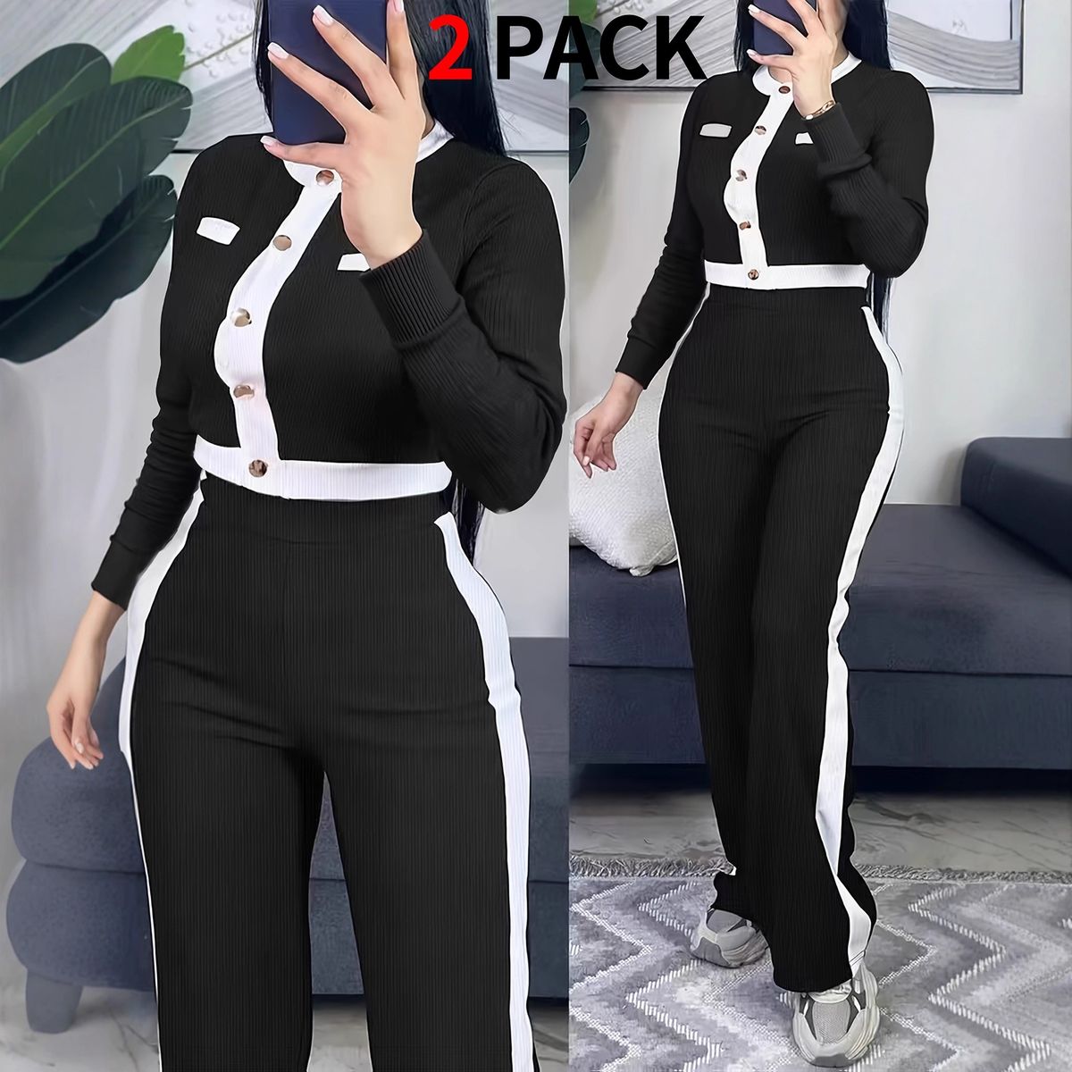 Women's Long Sleeve Top & High-Waisted Straight Leg Pants Set, Fall Winter Casual Knit Two-Piece Outfit_ecoleips.com