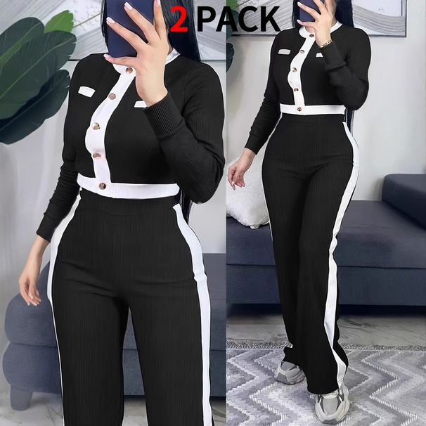 Women's Long Sleeve Top & High-Waisted Straight Leg Pants Set, Fall Winter Casual Knit Two-Piece Outfit_ecoleips.com