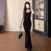 Sexy Black Lace Splicing V-neck Long-sleeved Dress Women's Autumn New Temperament Waist And Thin A-shaped Dress Long Dress_ecoleips.com
