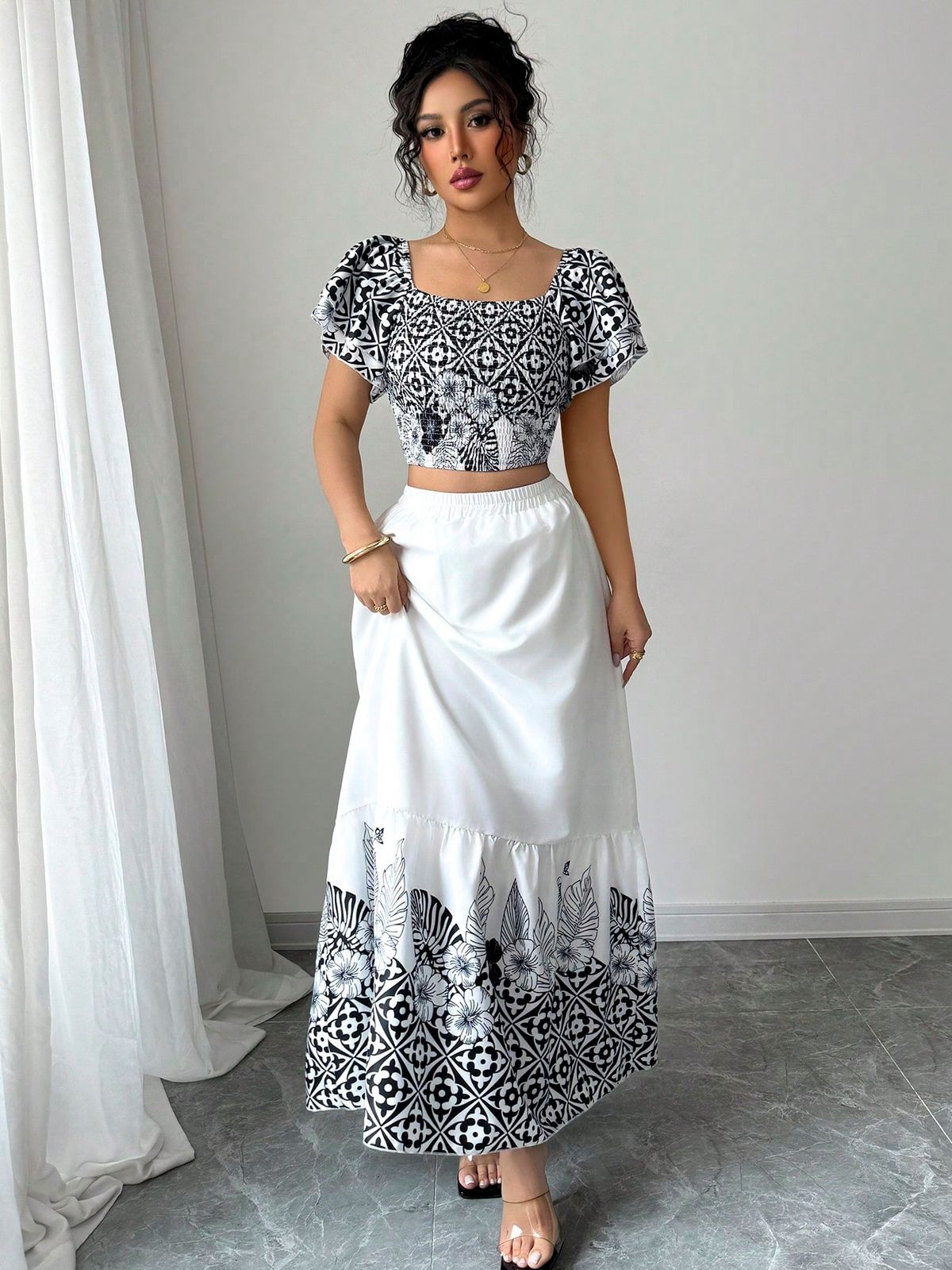 Women's All Over Print Off Shoulder Top & Skirt Set, Boho Chic Fashion Casual Shortsleeve Top & Skirt For Daily Holiday Vacation_ecoleips.com