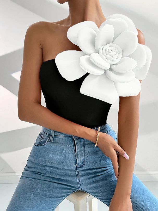 Aria Basics Aria Basics New European And American Style Women's Elegant Off-Shoulder Sleeveless 3D Floral Slim-Fit Tank Top_ecoleips.com