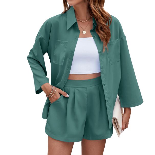 Women's Clothing Spring And Summer New Solid Color Lapel Three Quarter Sleeve Loose Shirt Shorts Suit_ecoleips.com