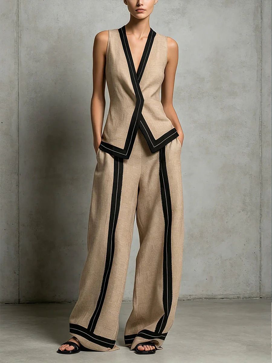 Chic Sleeveless V-Neck Top And Wide-Leg Pants Set - Modern Two-Piece Outfit For Women, Casual Lounge And Street Style_ecoleips.com