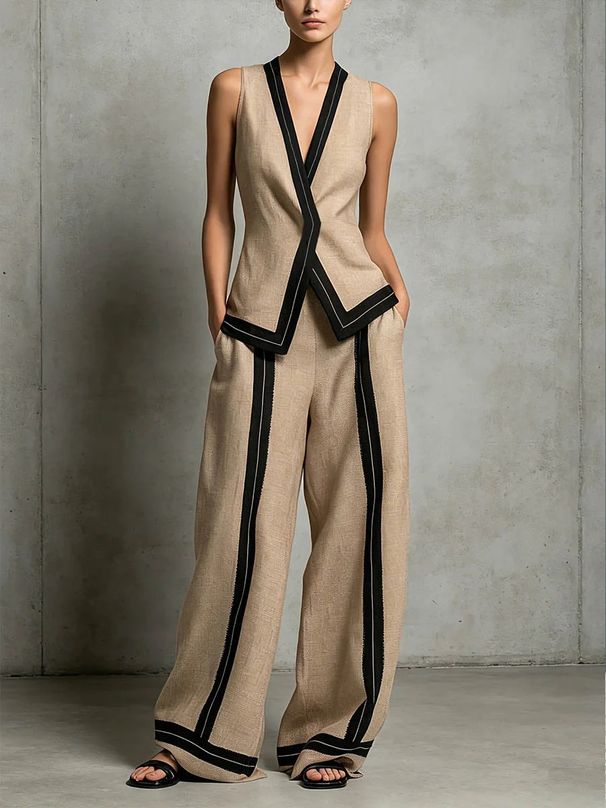 Chic Sleeveless V-Neck Top And Wide-Leg Pants Set - Modern Two-Piece Outfit For Women, Casual Lounge And Street Style_ecoleips.com