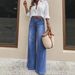 Retro Flared Jeans For Women - High Waist Vintage Denim Pants With Distressed Wash, 70s Inspired Wide Leg Bell Bottoms_ecoleips.com