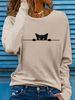 100% Pure Cotton Women's Spring And Autumn Comfortable Casual Fashion Long Sleeved Cat Graphic Printed Round Neck T-shirt_ecoleips.com