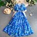 Women's French Style Floral Print Dress Elegant Romantic round Neck Lantern Sleeve Flowy Chiffon Maxi Summer Dress_ecoleips.com