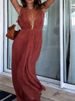 Simple Solid Color Lace Up Waist Women's Jumpsuit Casual Pleated Design Beach Rompers Summer Deep V Sleeveless Loose Playsuit_ecoleips.com