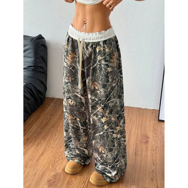 Women's Clothing Youth Casual Pants Women's Elastic Waist Camouflage Print Slim Wide Leg Mopping Long Pants_ecoleips.com