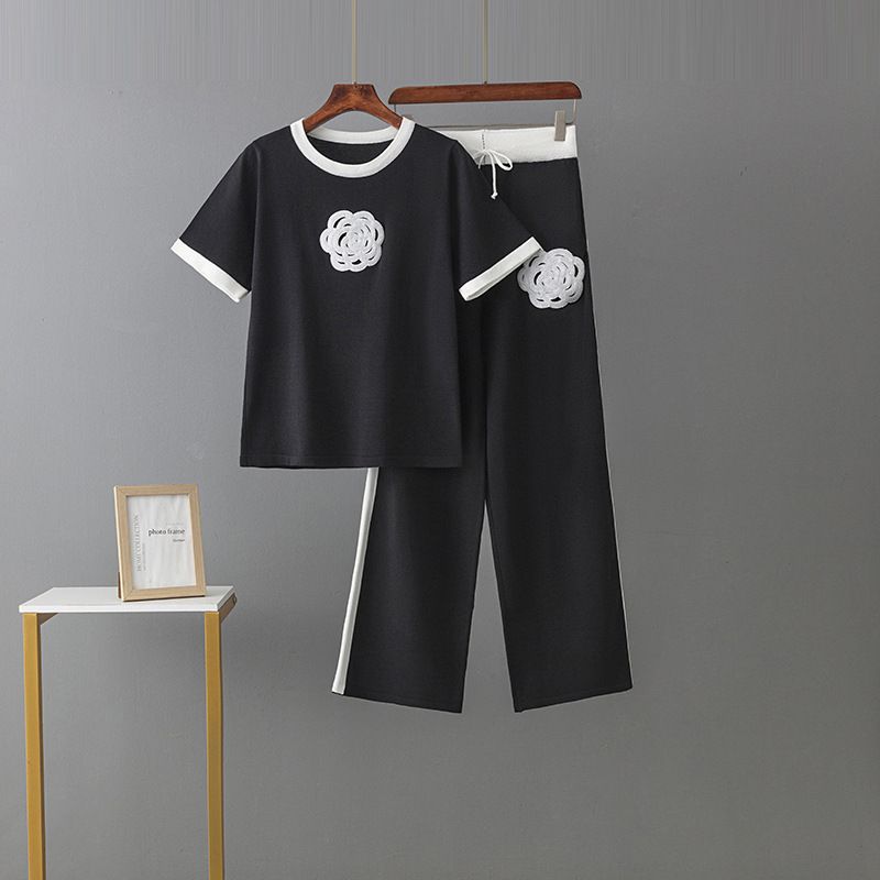 New Simple Wool Embroidery Short Sleeved Knitted Top + Knitted Pants Sports Two Piece Suit_ecoleips.com