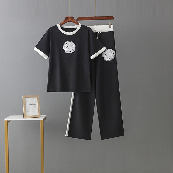 New Simple Wool Embroidery Short Sleeved Knitted Top + Knitted Pants Sports Two Piece Suit_ecoleips.com