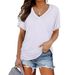 Women's Plain-Colored Bat-Sleeve Short-Sleeved T-Shirt With Side Pleats And V-Neck_ecoleips.com