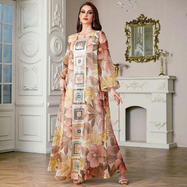 Women's Clothing Middle East Dubai Women's Robe Long Skirt Fashion Printing Splicing Loose Sequin Dress_ecoleips.com