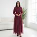 Voya Women's 2 Piece 3D Circular Cutout Chiffon Dress With Beaded Waist Belt Lantern Sleeves, Elegant Evening Gown For Parties, Weddings, Burgundy_ecoleips.com