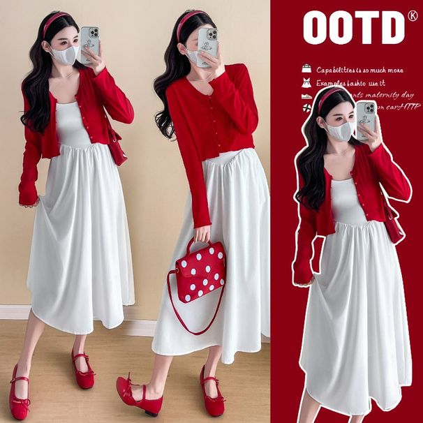 Autumn New Korean Fashion Mid-Length + Small Cardigan Two-Piece Set Maternity Dress_ecoleips.com