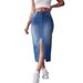 Cross-border 2024 European And American Fashion Trend Blue Denim With Slit, Bodycon A-line Long Skirt_ecoleips.com