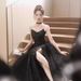 Women's Clothing Black Sequined Halter Evening Gown Party Dress Art Exam Performance Spring_ecoleips.com