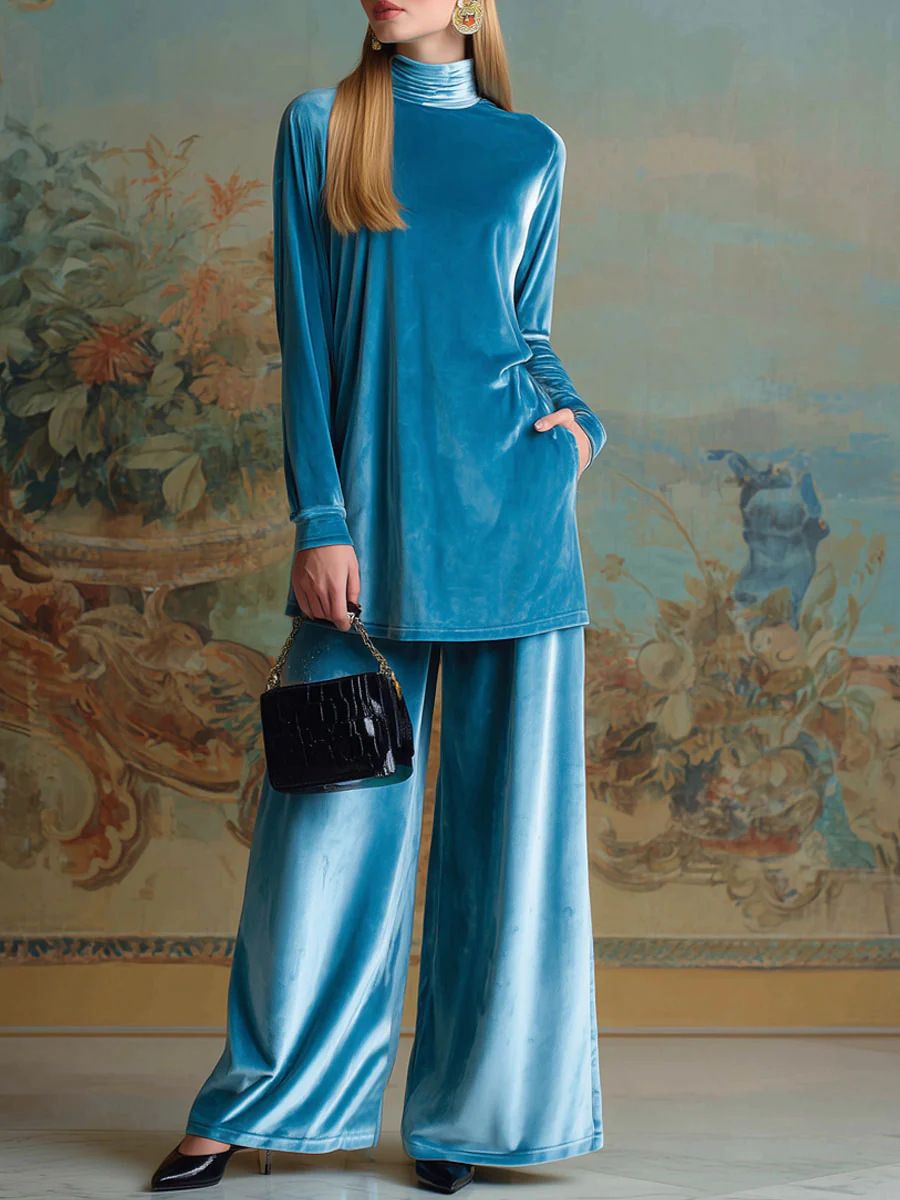 Autumn Winter Gold Velvet High Neck Slit Top Wide Leg Pants Two Piece Set Women's Loose Fitting_ecoleips.com