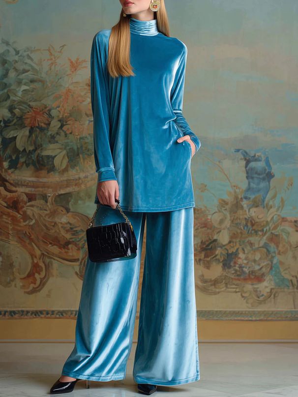 Autumn Winter Gold Velvet High Neck Slit Top Wide Leg Pants Two Piece Set Women's Loose Fitting_ecoleips.com