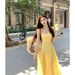 French Style Petite Yellow Strap Women's Summer New Waist-Cinching Elegant Long Beach Vacation Dress_ecoleips.com