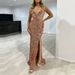 Elegant Shiny Sequins Slim Suspender Dress Sexy V-neck Split Sleeveless Cocktail Dress Women Fashion Backless Hollow Long Dress_ecoleips.com