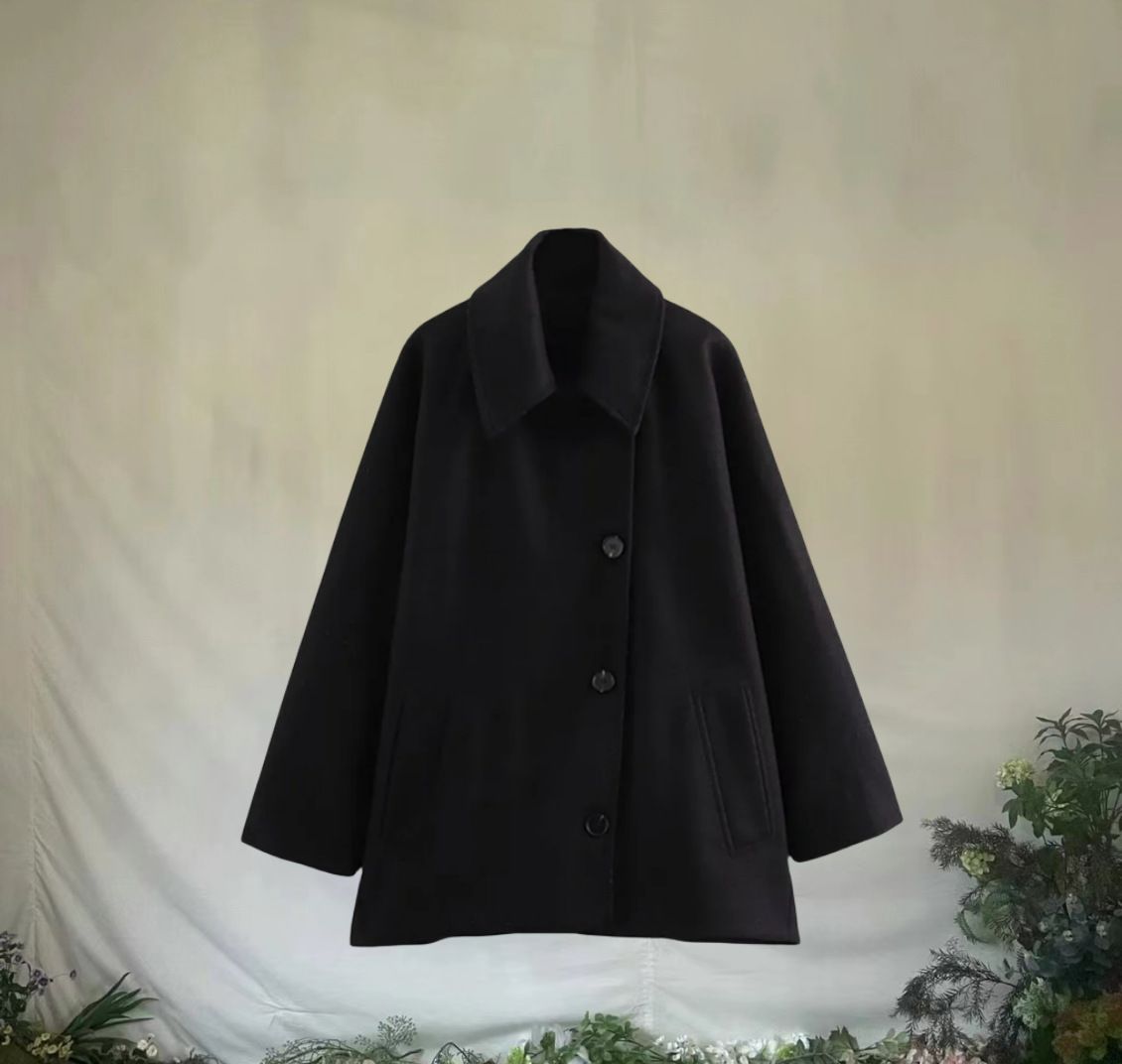 Women's Clothing Fashion Lapel Oblique Breasted Warm Autumn Fashion Loose Fit V-Neck Button Front Blazer Coat In Wool Blend (Beige/Black, S/M/L/XL)_ecoleips.com