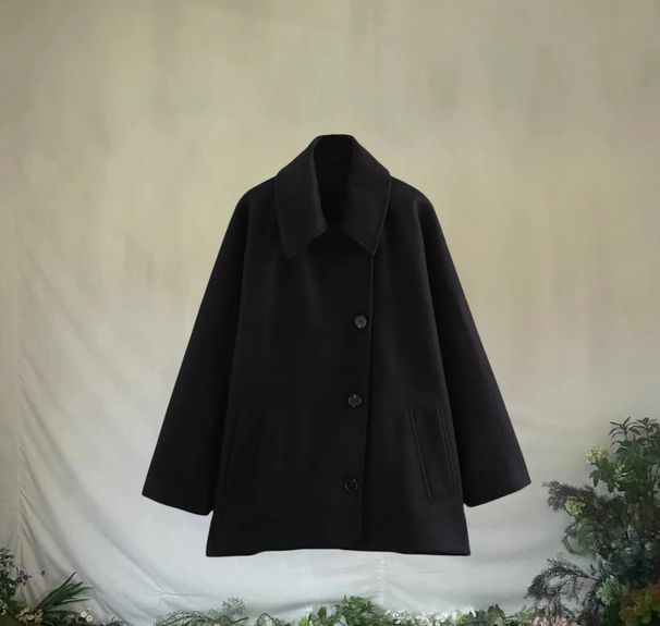 Women's Clothing Fashion Lapel Oblique Breasted Warm Autumn Fashion Loose Fit V-Neck Button Front Blazer Coat In Wool Blend (Beige/Black, S/M/L/XL)_ecoleips.com