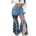 "Houndstooth Stitched Trumpet Denim Pants - Ruffled Hem & Vintage Flare (Light Blue/Dark Blue/Black, S-3XL)"_ecoleips.com