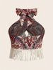 Paisley Print Fringed Edge Butterfly Knot Tie Back Hanging Neck Top Women's Bohemian Style Off Shoulder Casual Fashion_ecoleips.com