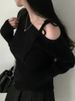 2026 New Women's Elegant Off-Shoulder Sweater T-Shirt Black White Striped With Adjustable Lace-Up Fall Winter Casual Chic Top_ecoleips.com