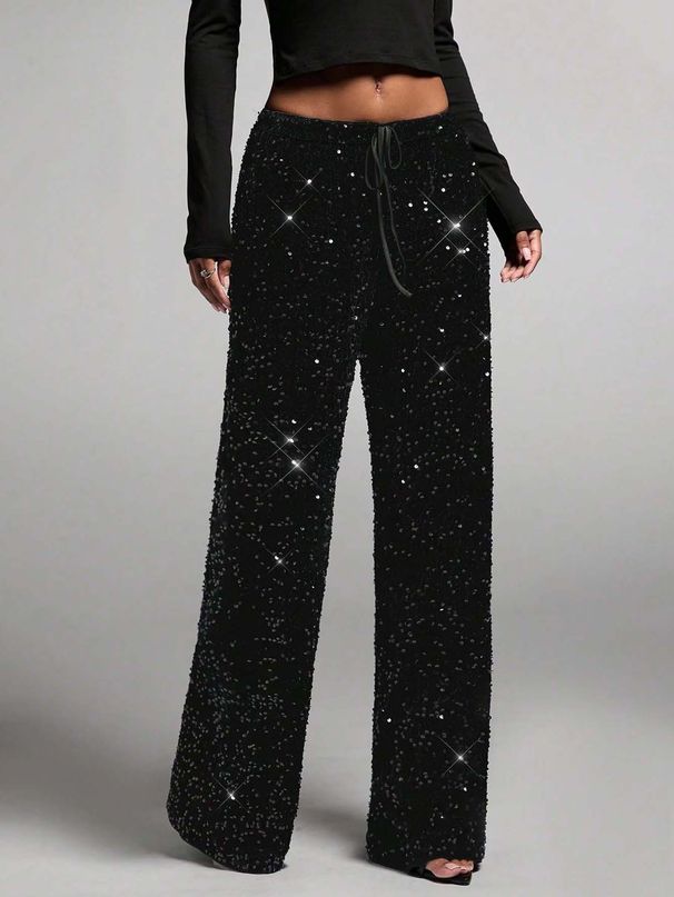 Glitter High-Waisted Straight Leg Pants With Drawstring - Stretchy Slim Fit Trousers For Women_ecoleips.com