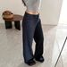 Dark Blue Low Rise Raw Denim Jeans Women's Retro Washed Casual Wide Leg Straight Leg Jeans No Waistband Design For Autumn Winter Style_ecoleips.com