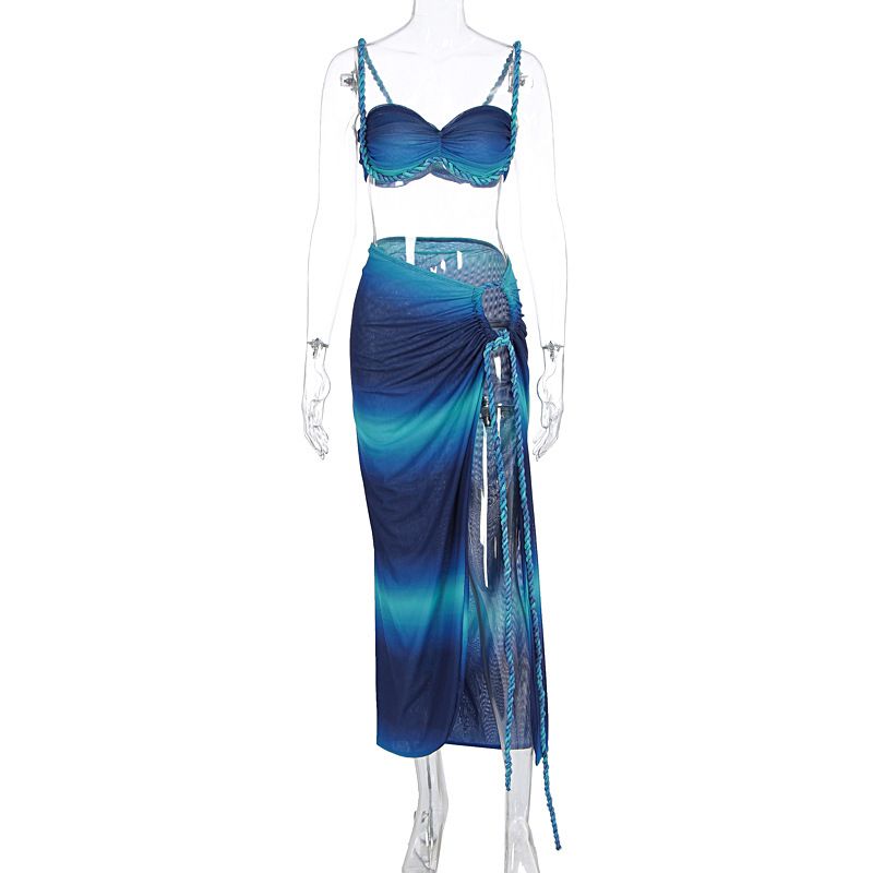 New 2024 Sexy Knitted Spaghetti Strap Top Split Skirt Two Piece Set Beach Vacation Swimwear Cover Up Dress_ecoleips.com