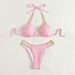 Solid Color Halter Neck Chain Split Swimsuit Three Point Beach Bikini Set_ecoleips.com