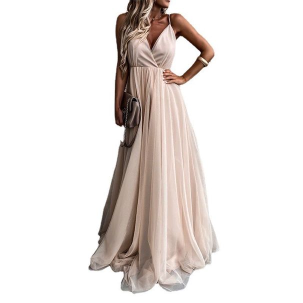 Women's Clothing Autumn Solid Color V-neck Suspender Fashion Temperament Dress Mesh Dress Long Skirt For Women_ecoleips.com