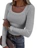 New Thread Groove Strip Slim Fit Long Sleeved Sexy U-neck Casual Women's T-shirt_ecoleips.com