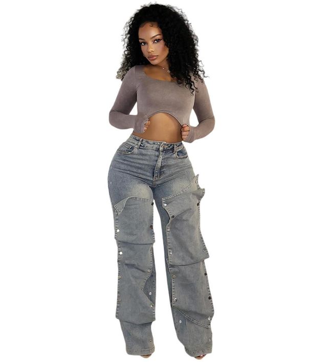 Women's Clothing Women's Straight Jeans Women's Autumn Street Fashion Detachable Button High Waist Pants_ecoleips.com