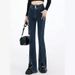 Women's Stretch Denim Pants, Slim Fit With Front Seam & Diagonal Slit Detail For A Flattering Look, Trendy Flared Bootcut Jeans_ecoleips.com
