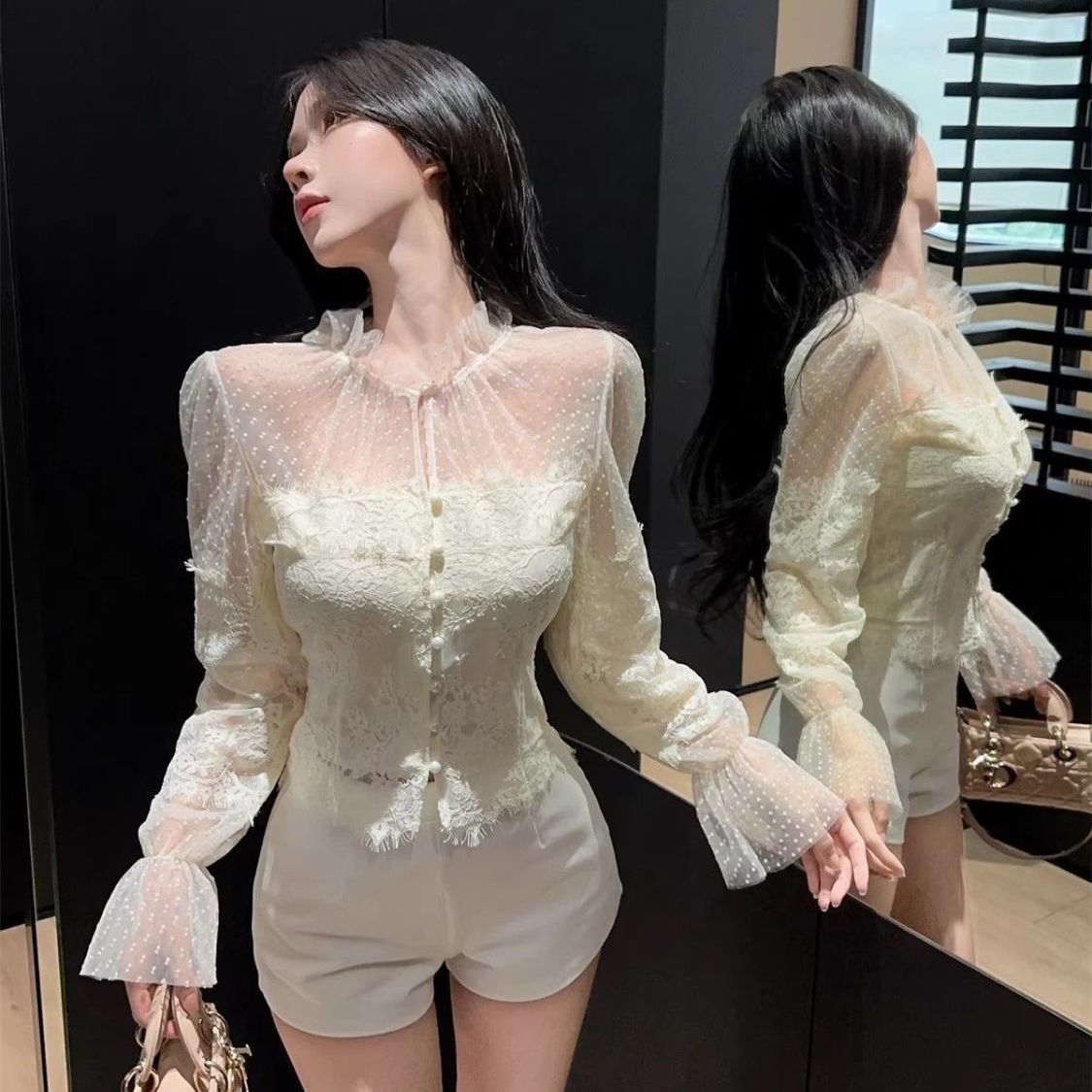 French-style Vintage Mesh And Lace Polka Dot Shirt, Short Top, High-waisted Slim-fit Shorts Two-piece Set For Women,_ecoleips.com