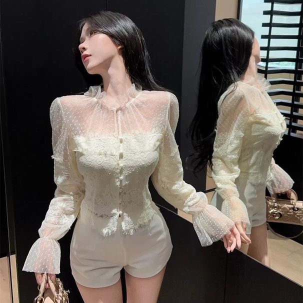French-style Vintage Mesh And Lace Polka Dot Shirt, Short Top, High-waisted Slim-fit Shorts Two-piece Set For Women,_ecoleips.com