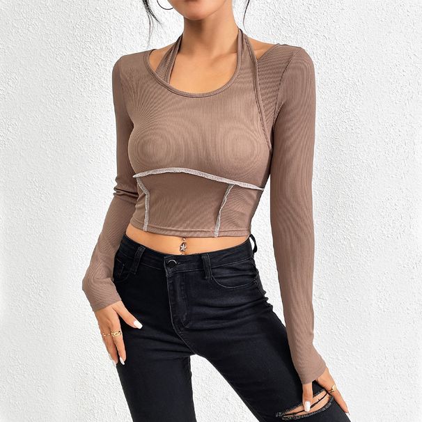 Voya Women's 2026 Autumn And Winter Slim Fit Knitted Long Sleeved Shirt With Exposed Stitching Hanging Neck T-shirt Fashion Top_ecoleips.com