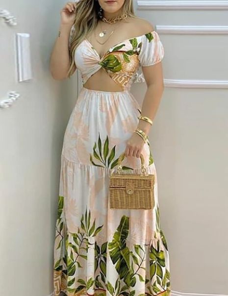 Women's Clothing Elegant Printed High Waist Slim Casual Navel Baring Dress_ecoleips.com