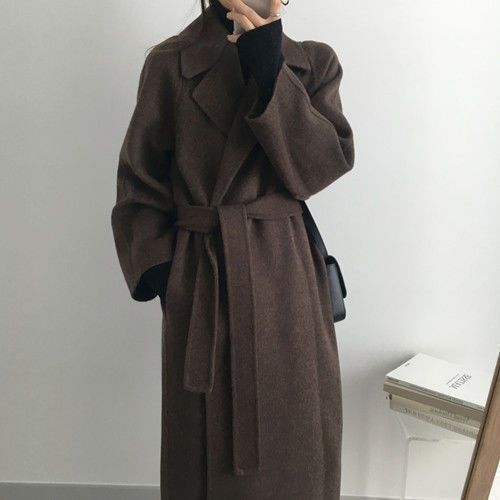 Women's Mid-length Woolen Suit Collar Loose Tie Double-sided Woolen Coat_ecoleips.com