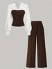 Women's Clothing Casual Striped Lounge Set – Slimming Two-Piece Outfit, Long Sleeve Top & Pants, Polyester Comfort, Black/Maroon/Coffee, S-XXL_ecoleips.com