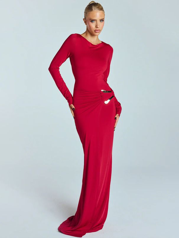 Mozision Cowl Neck Long Sleeve Sexy Maxi Dress Women Elegant Backless Metal Detail Ruched Bodycon Club Party Long Dress Female_ecoleips.com
